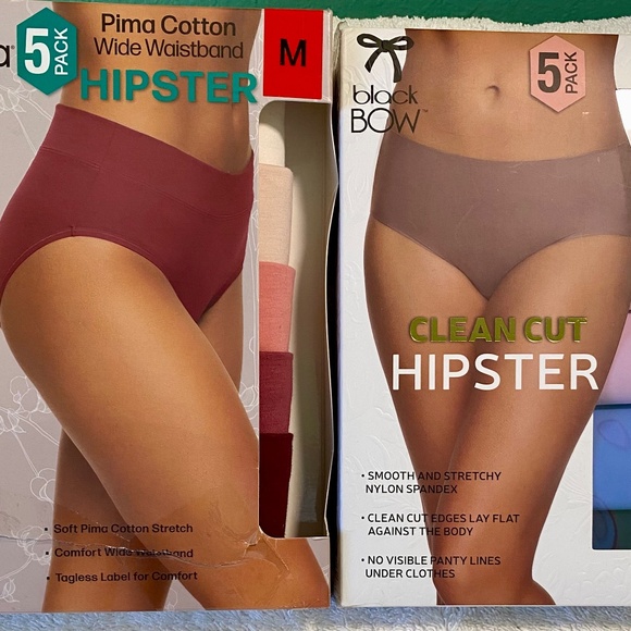 NIB BLACK BOW SEAMLESS SPANDEX & FELINA COTTON HIPSTER UNDERWEAR- BOTH 5 PACK M - Picture 1 of 7